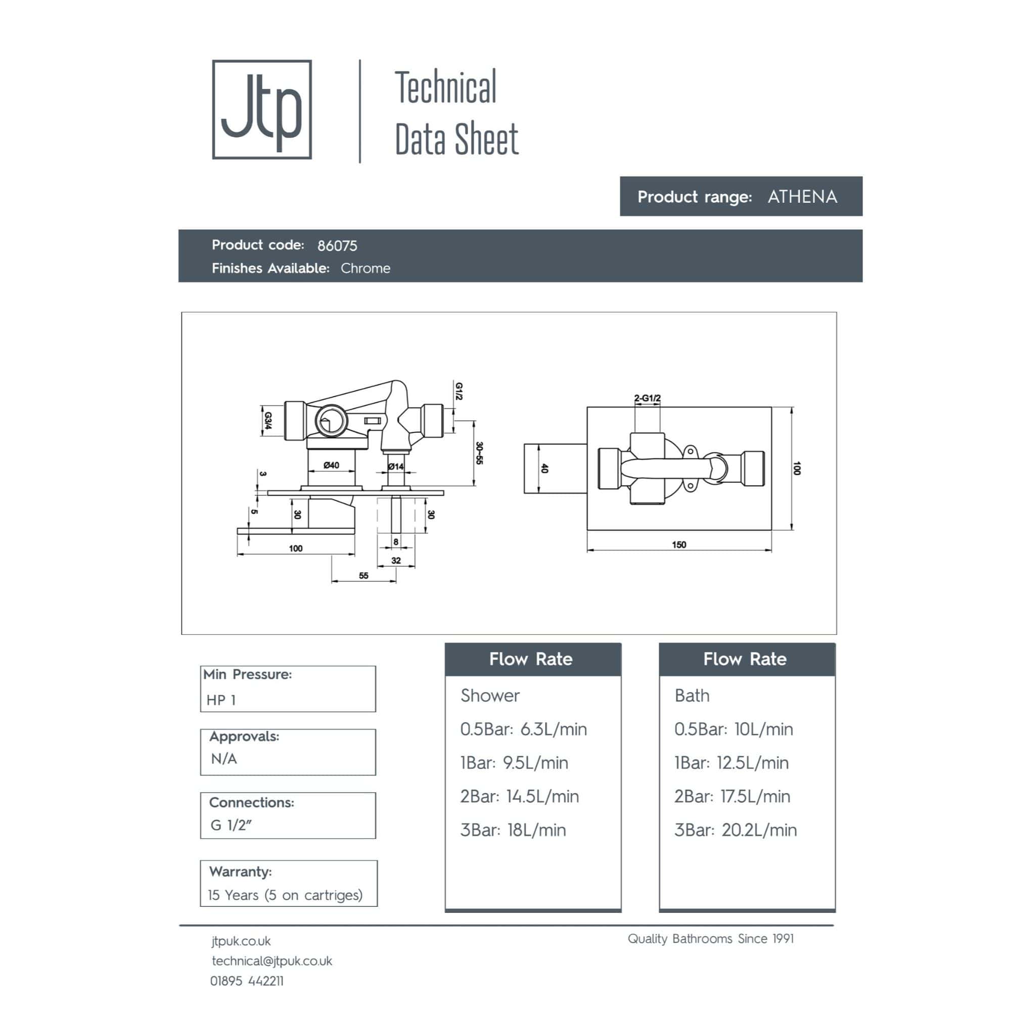 Chrome bathroom tap with technical specifications and flow rate details.
