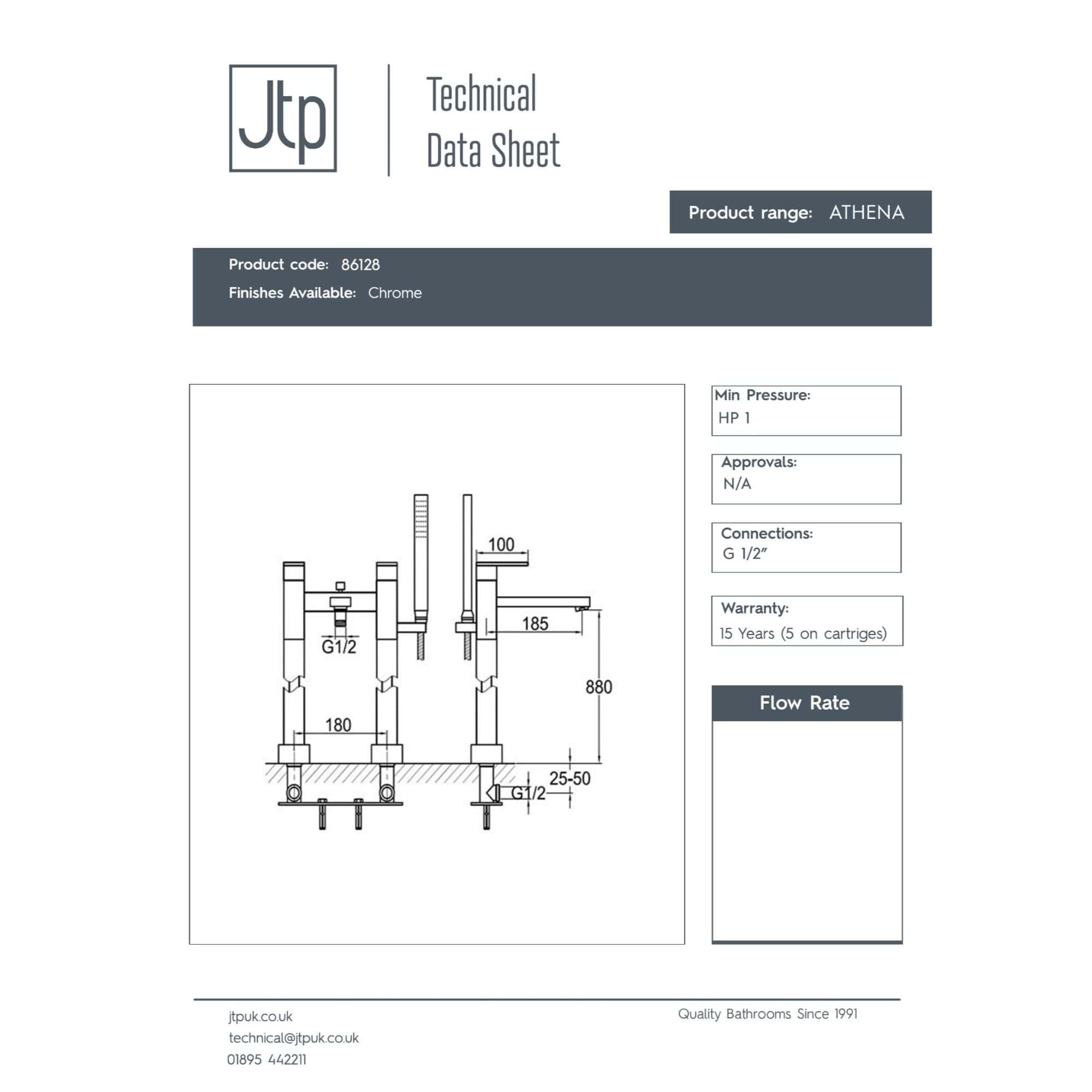 Genuine bathroom plumbing technical data sheet with dimensions and connection details for the Athena G1/2" tap, designed for professional bathroom installations and repairs.