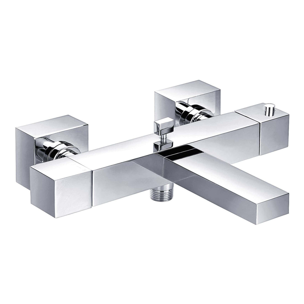 Sleek modern chrome bathroom faucet with geometric design, wall-mounted flow controls, and minimalist aesthetic for contemporary bathrooms.
