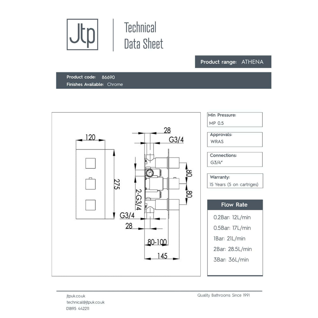 High-quality bathroom fittings with technical specifications for Bubly Bathrooms, focusing on the Athena collection, chrome finish, G3/4 connections, and detailed measurements for bathroom installation.