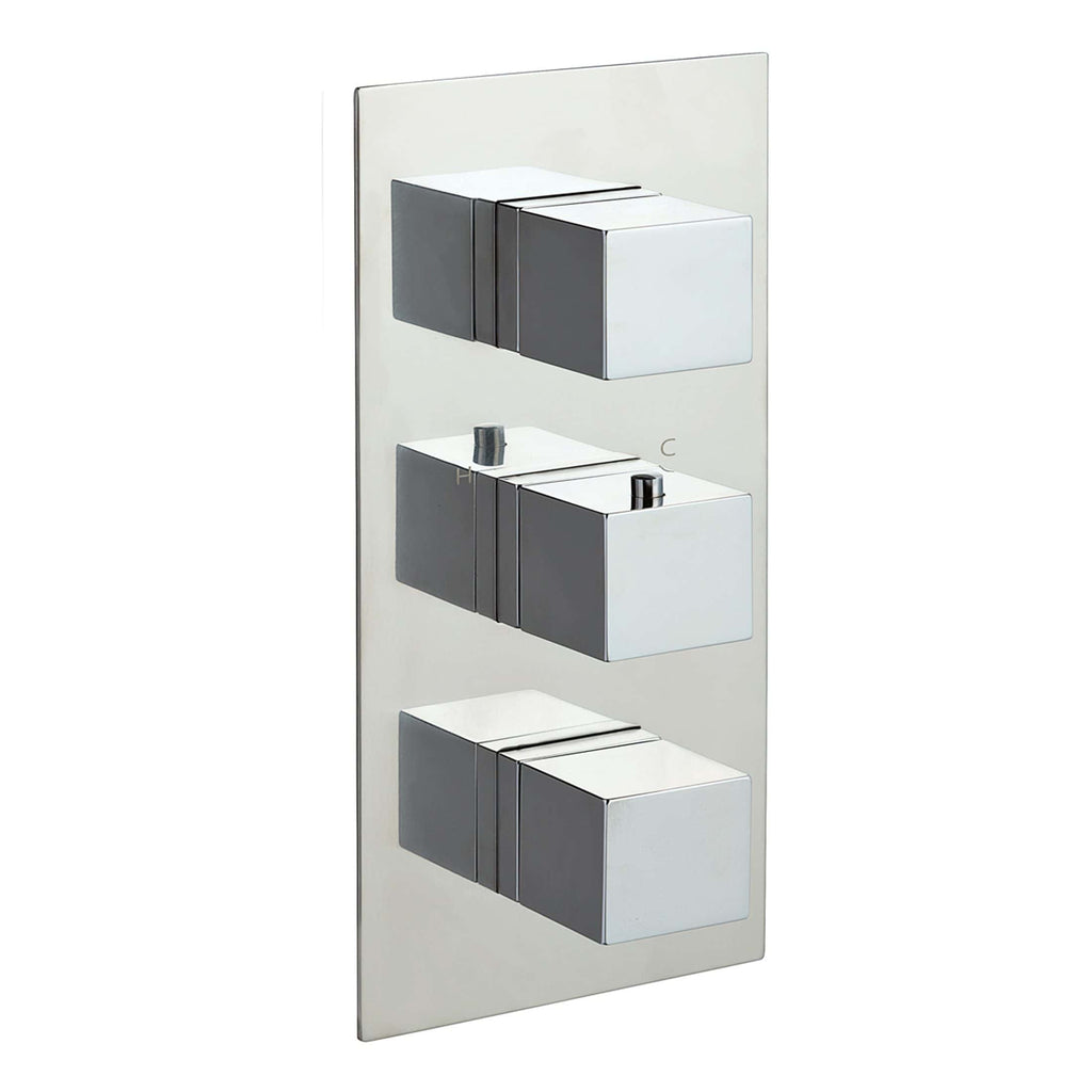 Modern chrome bathroom dual-flush toilet flush buttons panel with three buttons for water-saving options.