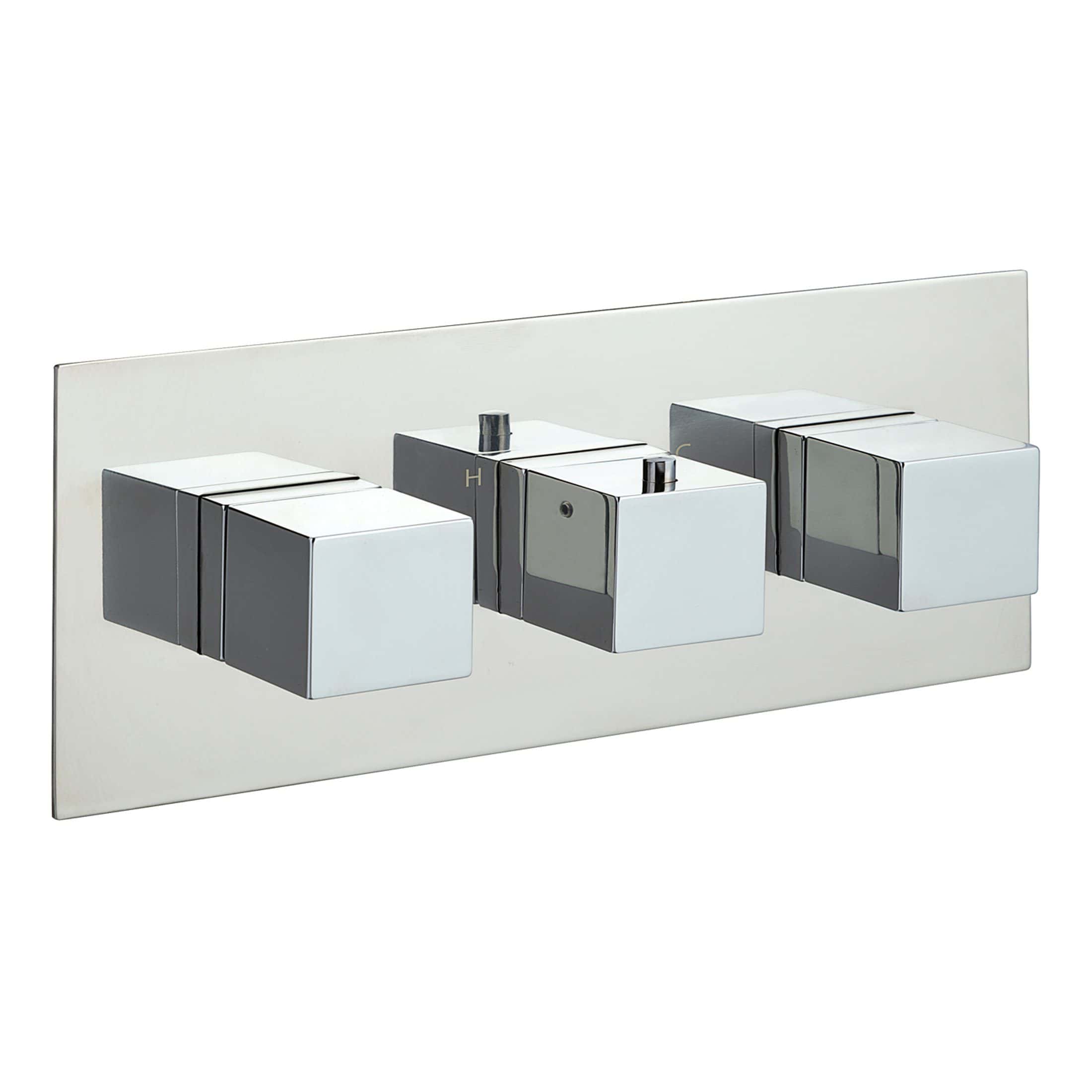 Sleek modern shower valve with chrome finish, featuring dual controls for temperature and flow, mounted on a white wall for contemporary bathroom design.