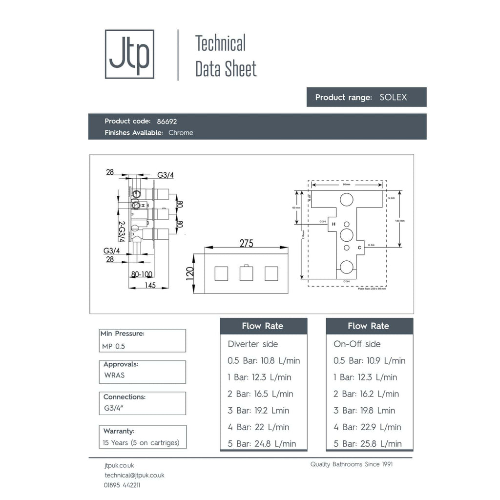 High-quality technical drawing of Bubly Bathrooms' SOLEX bathroom tap, showcasing dimensions and connection details for bathroom plumbing installation.