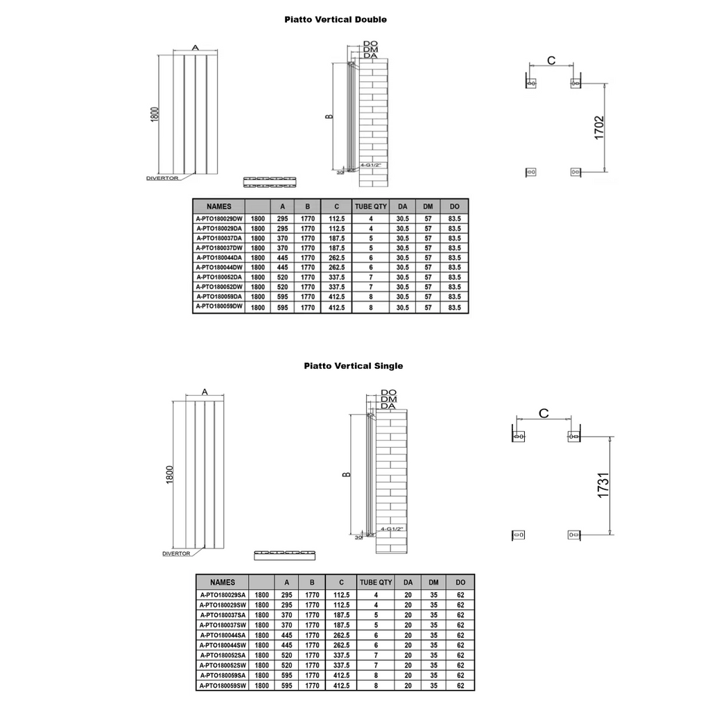 Reina Piatto Vertical Single Anthracite Designer Radiator - technical drawing with dimensions