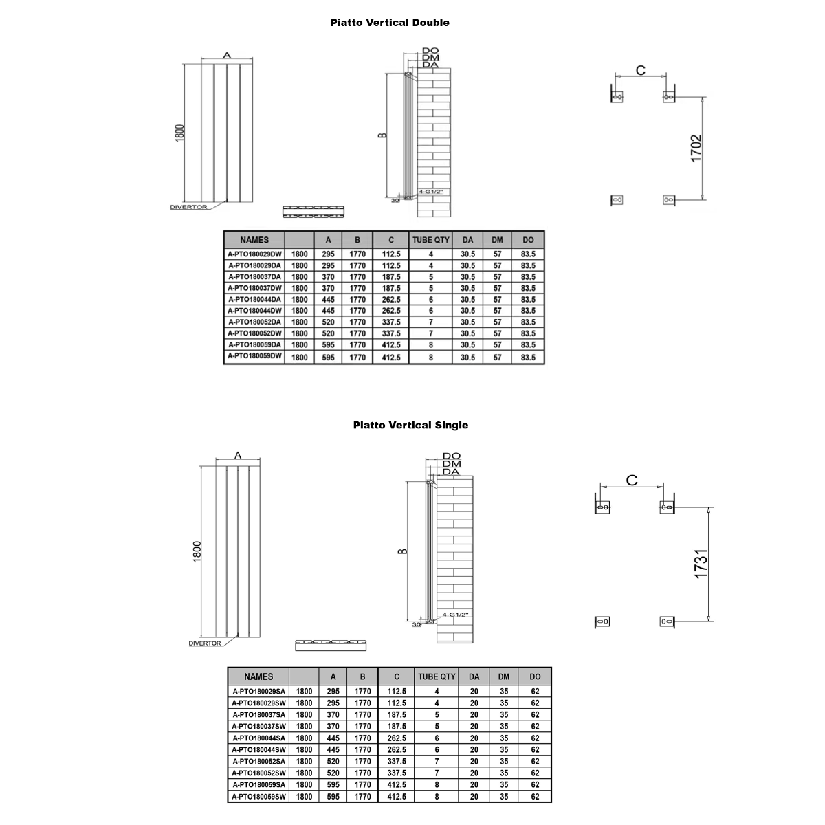 Reina Piatto Vertical Single Anthracite Designer Radiator - technical drawing with dimensions