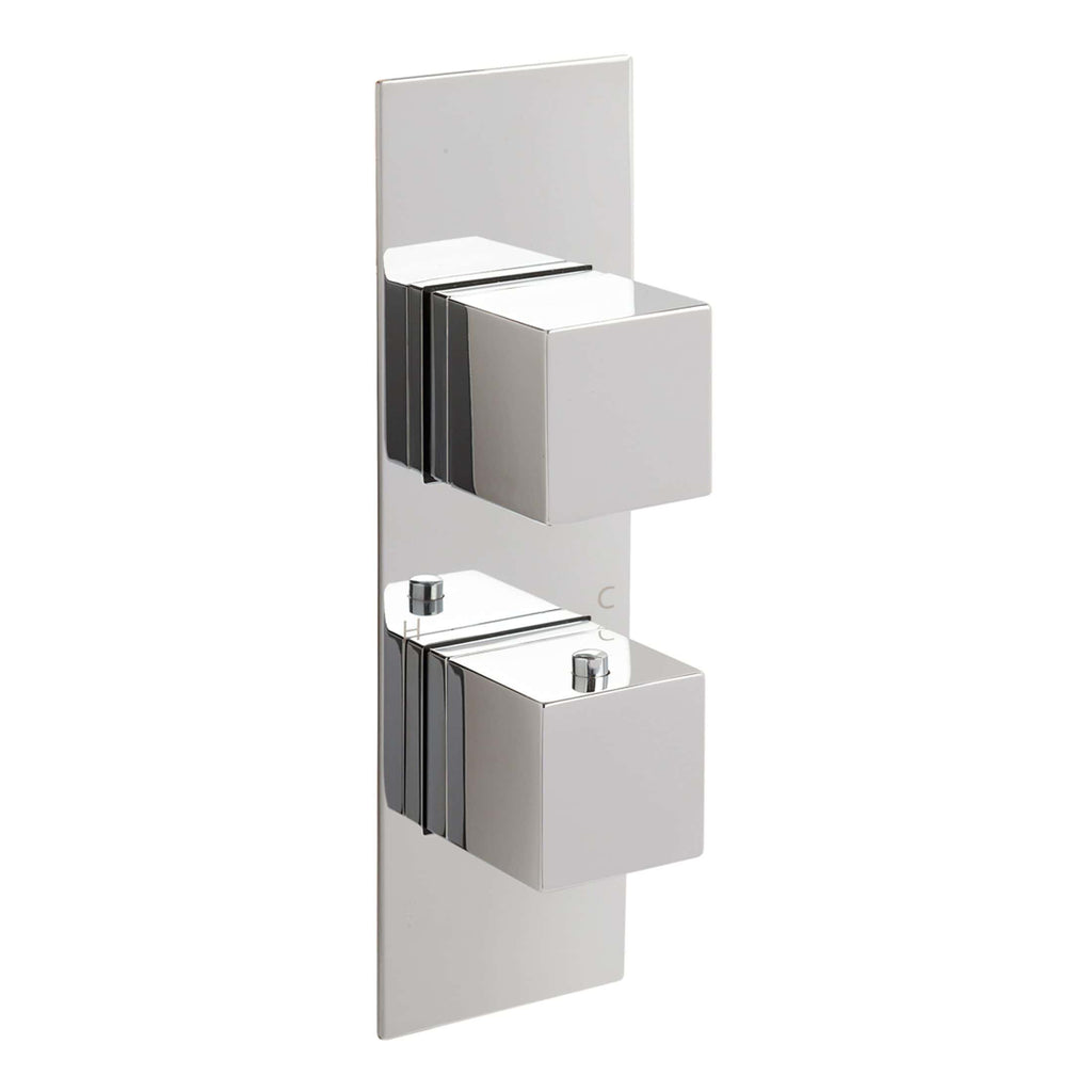 Polished chrome double shower valve with sleek modern design for luxurious bathroom fixtures.