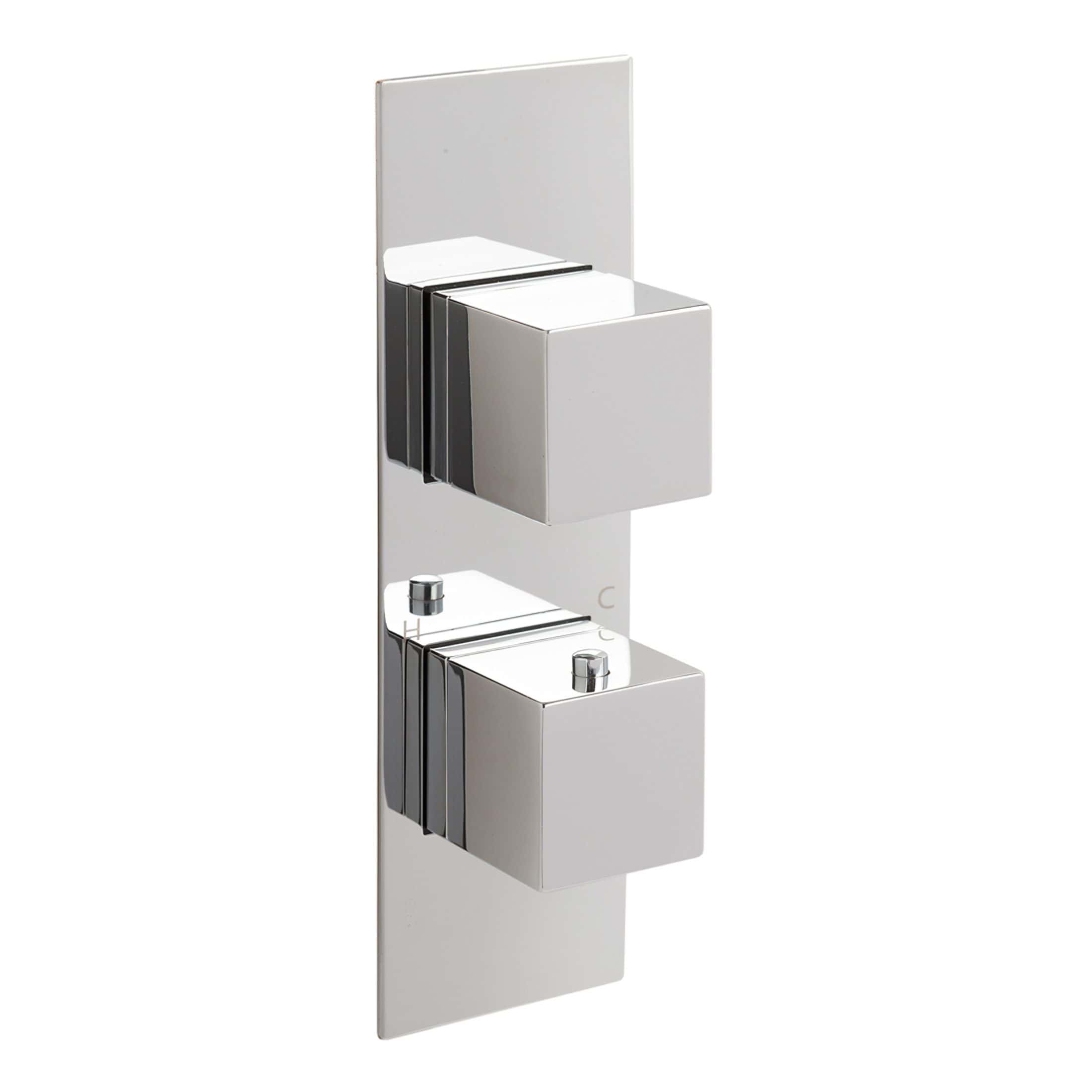 Polished chrome double shower valve with sleek modern design for luxurious bathroom fixtures.