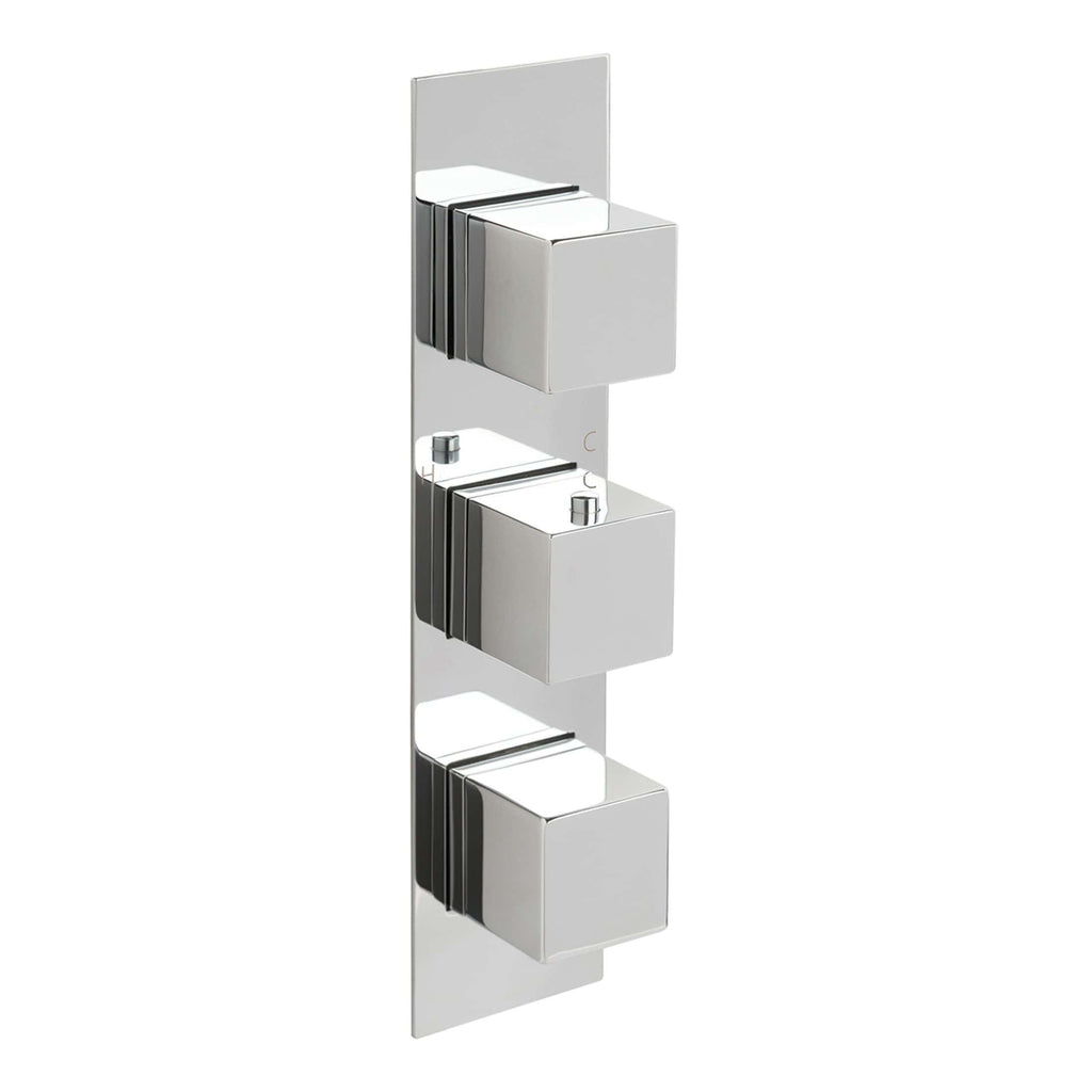 Polished chrome bathroom thermostatic mixer shower valve with three controls and clear design, ideal for modern bathrooms and shower installations.