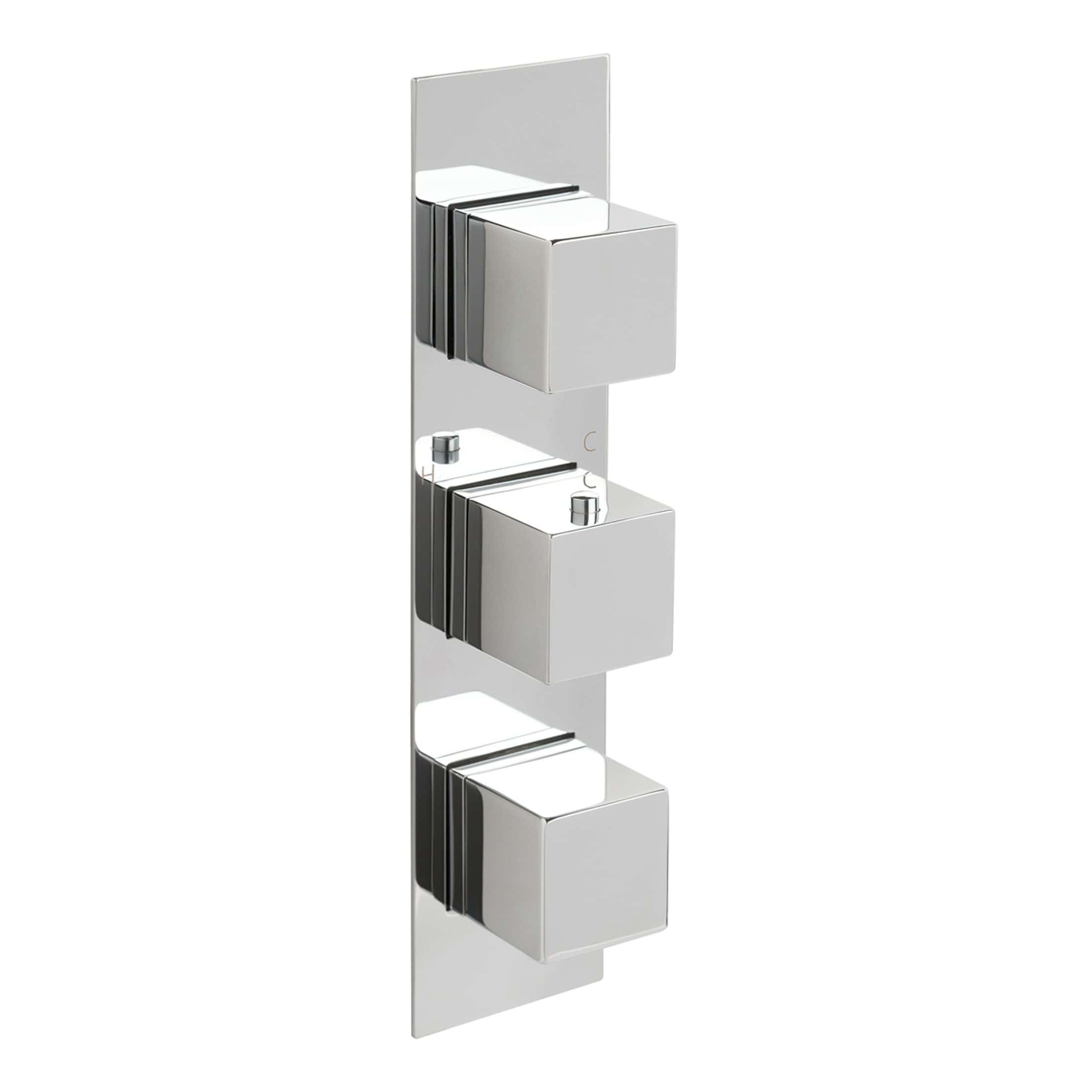 Sleek modern chrome shower valve with three controls, perfect for contemporary bathroom designs. Easy to operate with precise temperature and flow adjustment for a luxurious shower experience.
