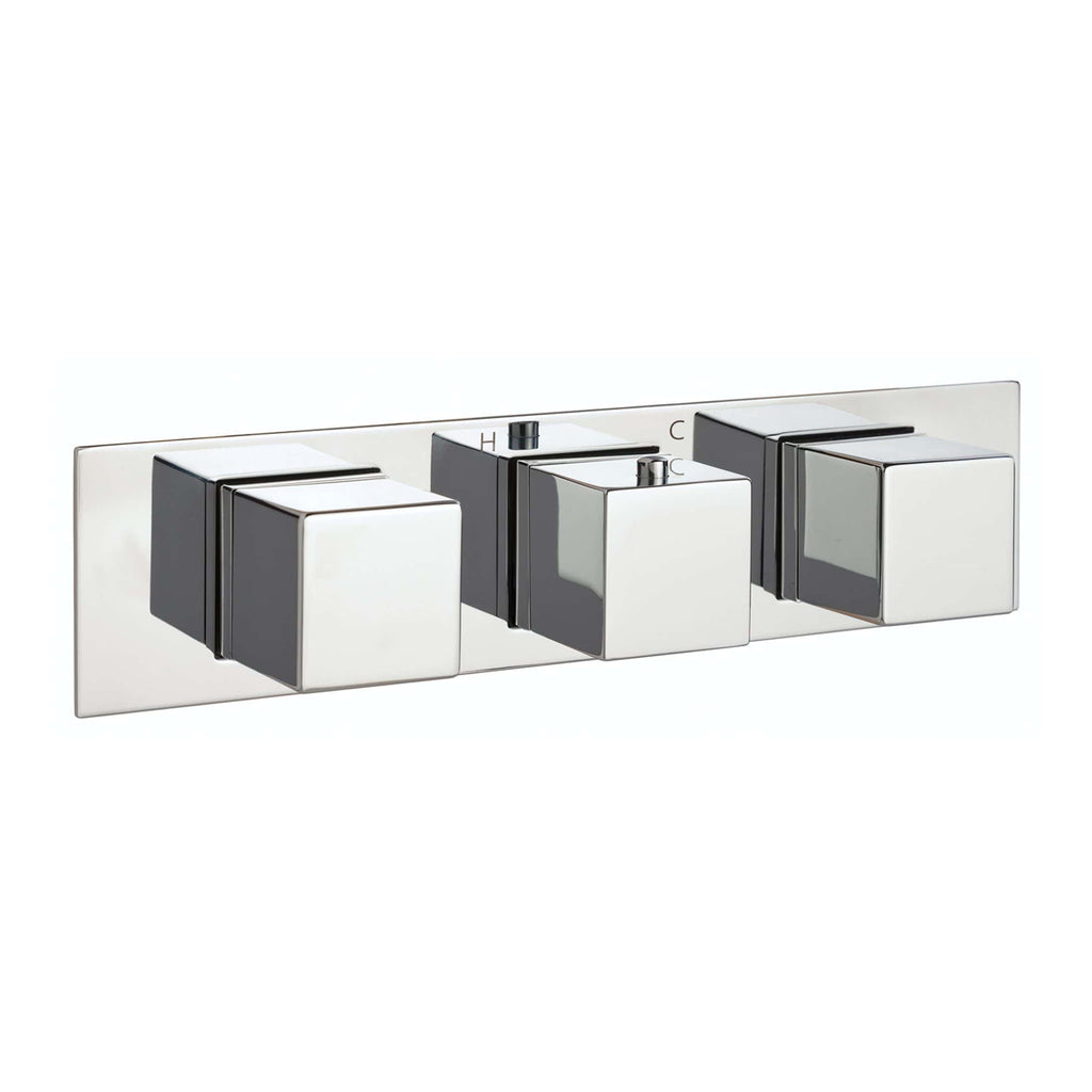 Shower diverter control panel with three chrome-finished knobs for bathroom shower system, featuring temperature and water flow adjustment. Modern, sleek design for luxurious bathroom upgrade.