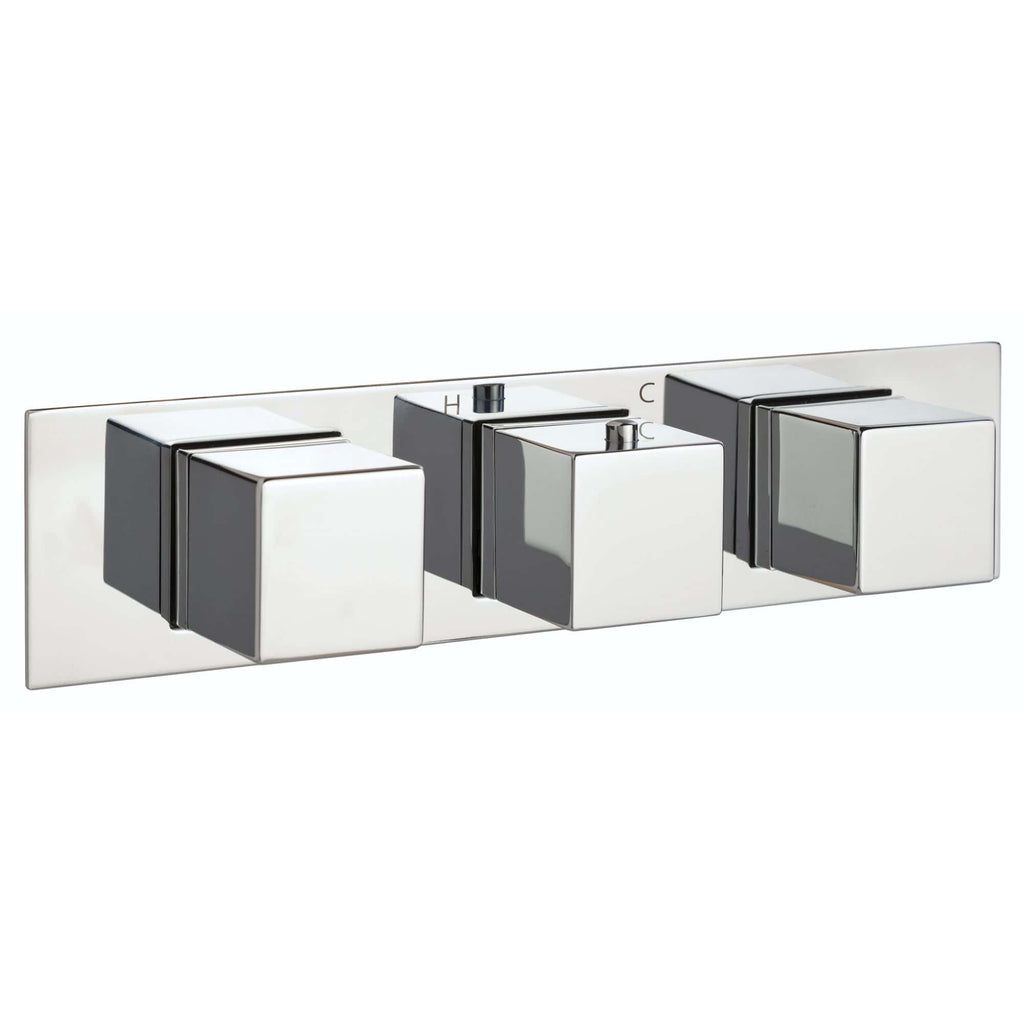 Sleek modern chrome bathroom mixer control with three square handles, designed for high-quality shower and bath tap operation.