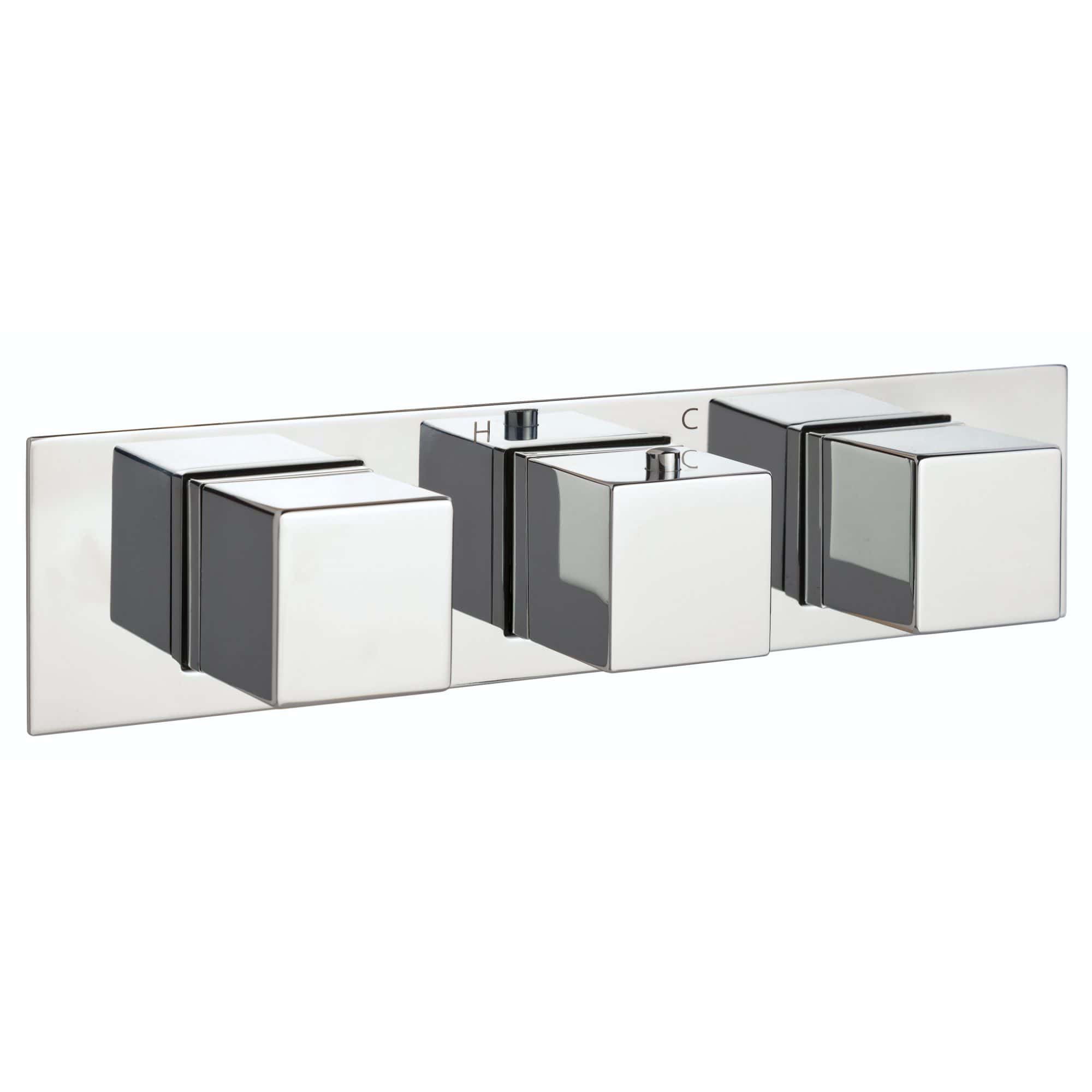 Sleek modern chrome bathroom mixer control with three square handles, designed for high-quality shower and bath tap operation.