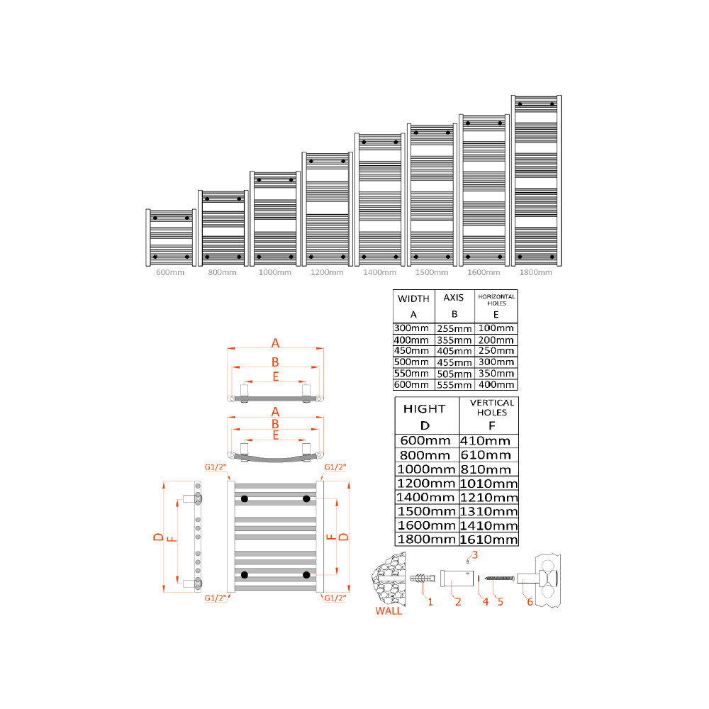 Reina Diva Curved Chrome Heated Towel Rail - technical drawing with dimensions