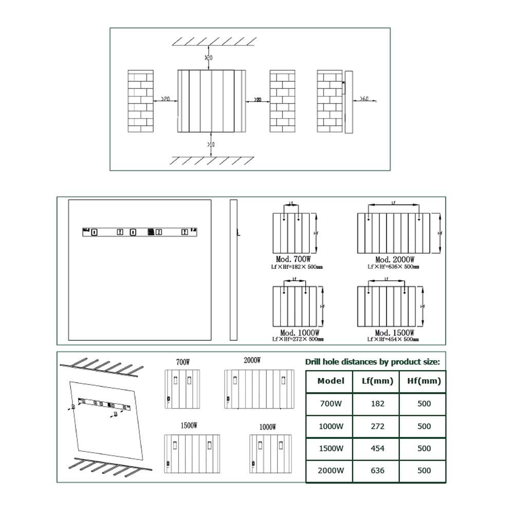 Reina Maia Horizontal White Electric Radiator - technical drawing with dimensions