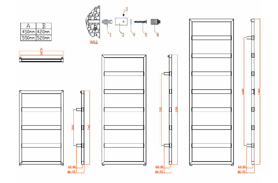 Reina Rezzo Black Heated Towel Rail - technical drawing with dimensions