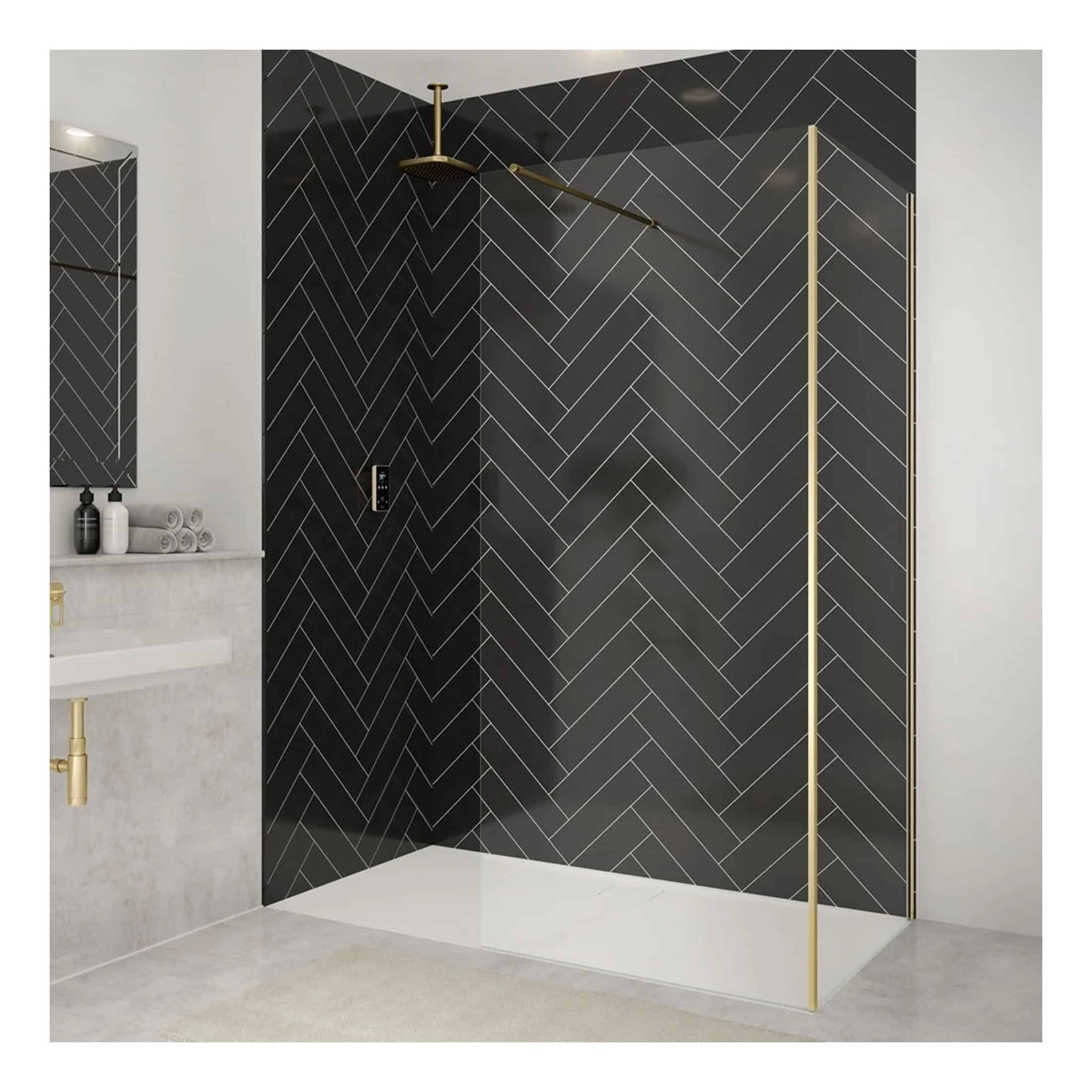 Luxurious walk-in shower with black chevron tiles, brass fixtures, and modern minimalist design in a stylish bathroom. Perfect for contemporary bathroom renovations.