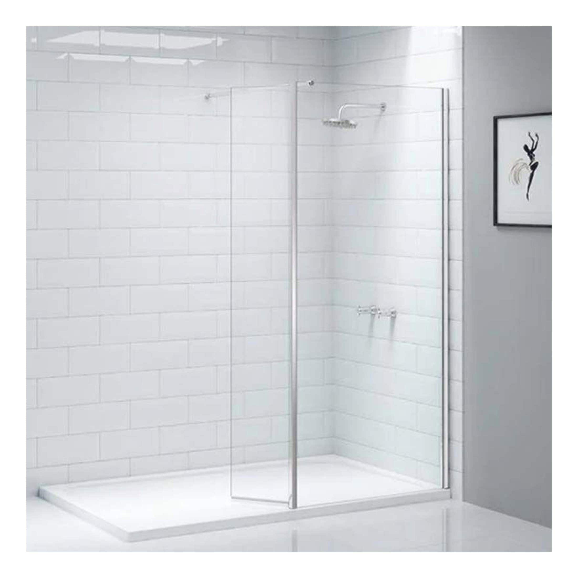 Modern walk-in shower with clear glass panel and minimalist chrome fixtures, ideal for contemporary bathroom spaces.
