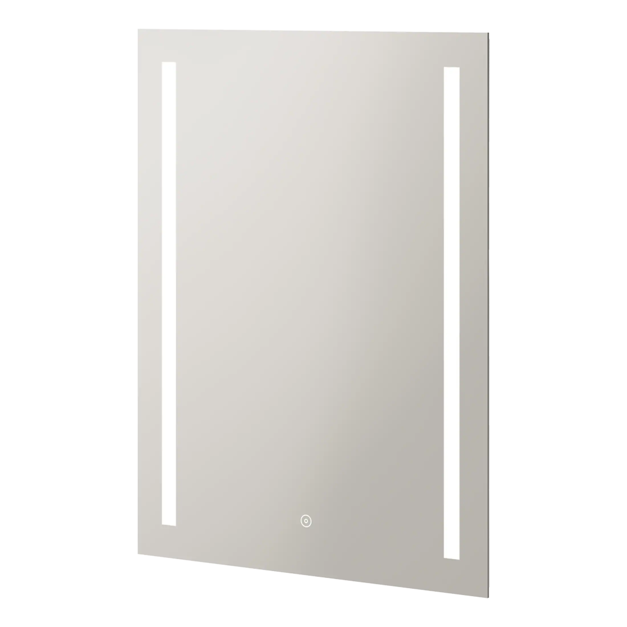 Illuminated LED bathroom mirror with built-in defogger and modern design, ideal for contemporary bathrooms, offering stylish functionality and optimal lighting.