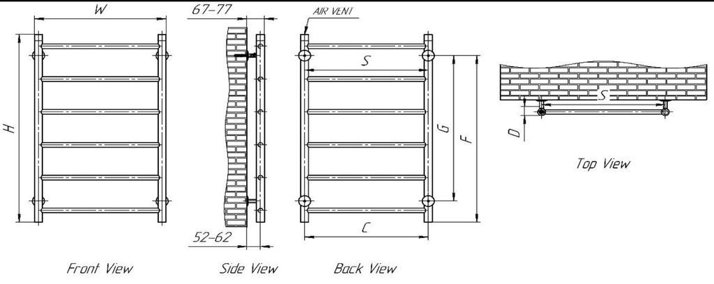 Reina Savio Polished Stainless Steel Heated Towel Rail - technical drawing with dimensions