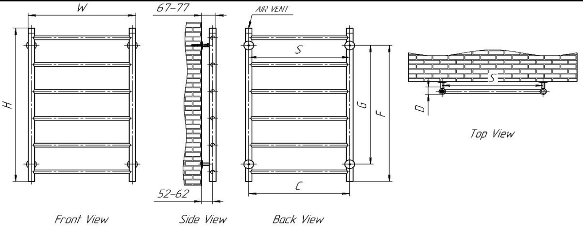 Reina Savio Polished Stainless Steel Heated Towel Rail - technical drawing with dimensions