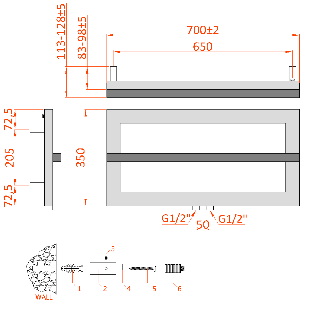 Reina Breno Chrome Heated Towel Rail - technical drawing with dimensions