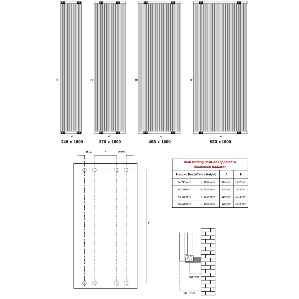 Reina Caldaro Vertical White Designer Radiator - technical drawing with dimensions