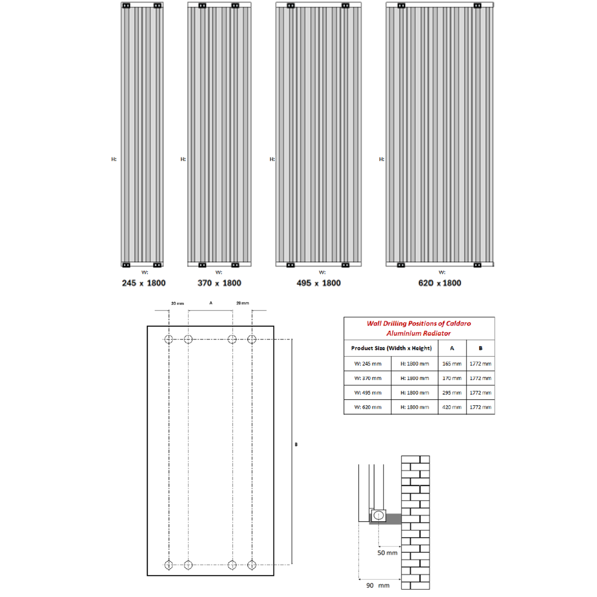 Reina Caldaro Vertical Anthracite Designer Radiator - technical drawing with dimensions