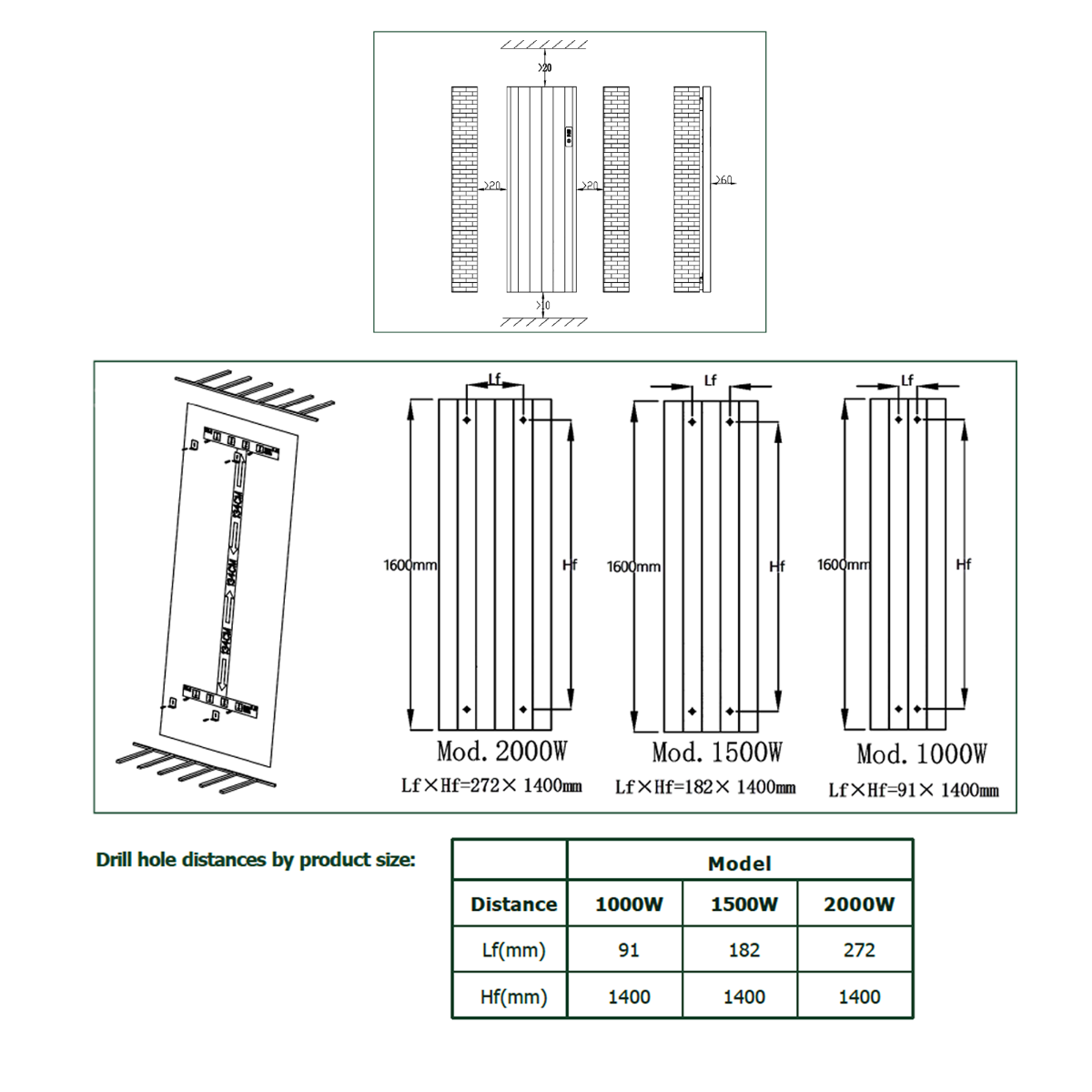 Reina Maia Vertical White Electric Radiator - technical drawing with dimensions