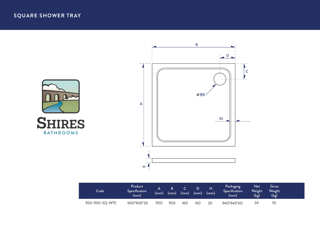 Scudo Shires White Square Shower Tray - technical drawing with dimensions