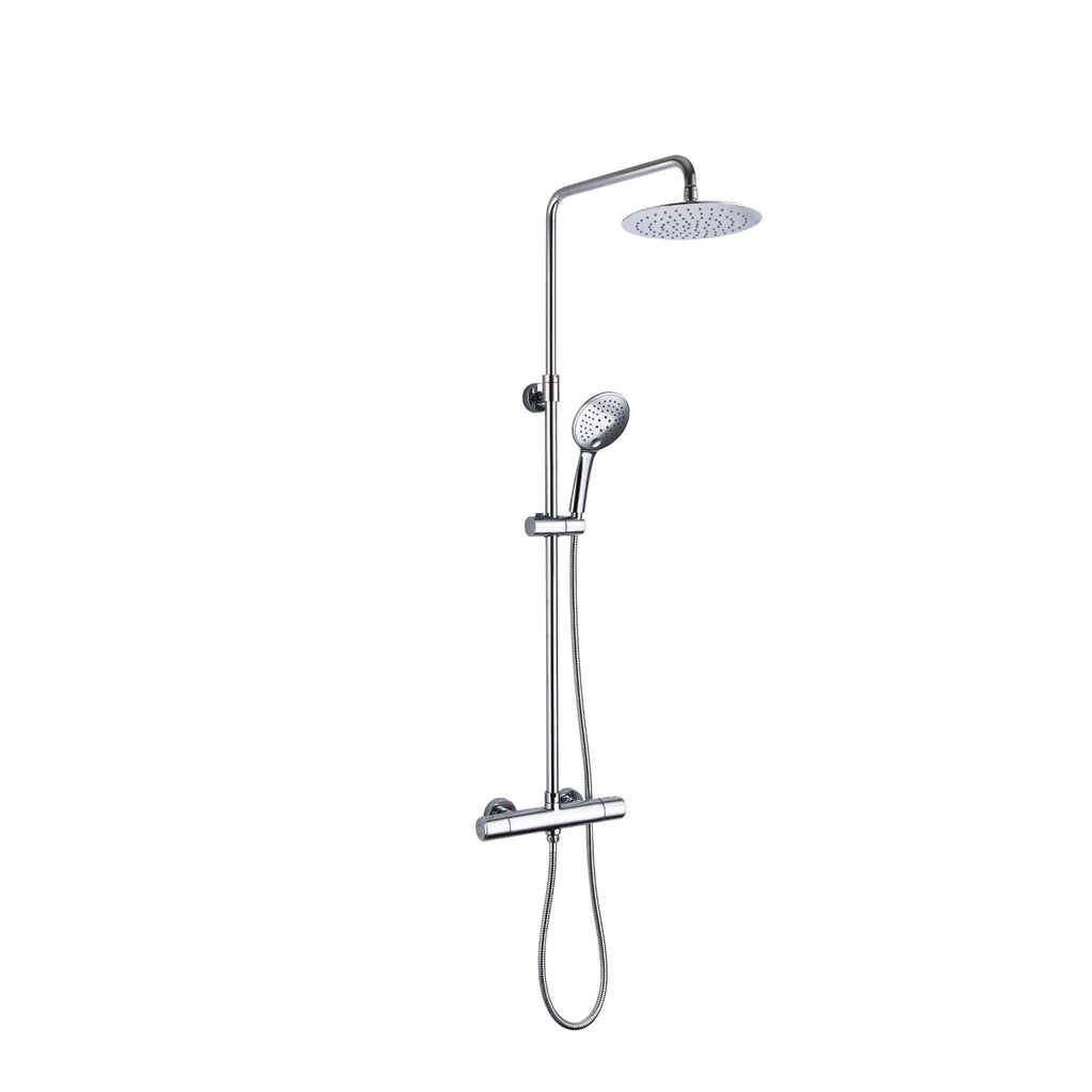 Polished chrome shower system with overhead rain shower and handheld shower head, ideal for modern bathroom bathrooms. Perfect for luxury, versatile showering solutions.
