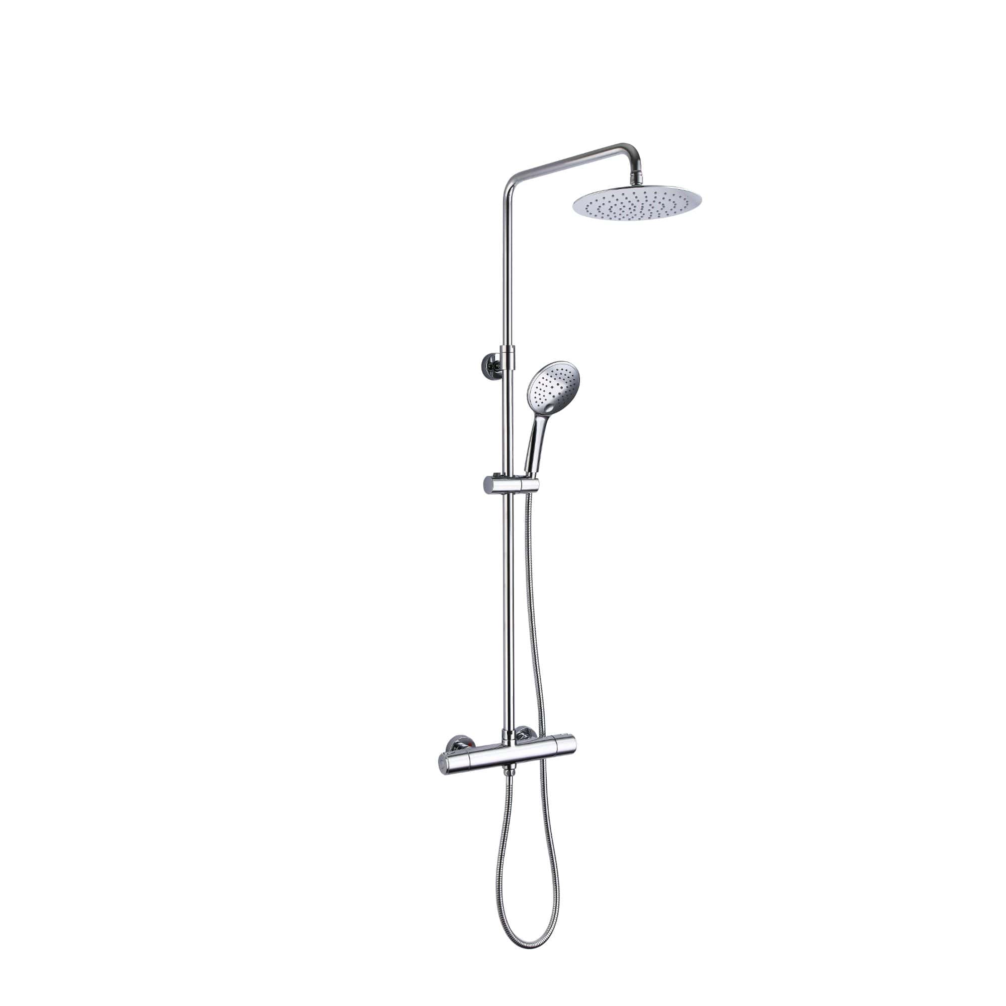 Polished chrome shower system with overhead rain shower and handheld shower head, ideal for modern bathroom bathrooms. Perfect for luxury, versatile showering solutions.