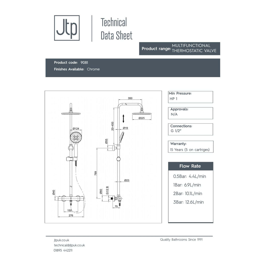 Flexible chrome thermostatic shower valve with adjustable height and flow rate, ideal for modern bathrooms. Suitable for G 1/2" connections, with a 15-year warranty, and available in chrome finish.