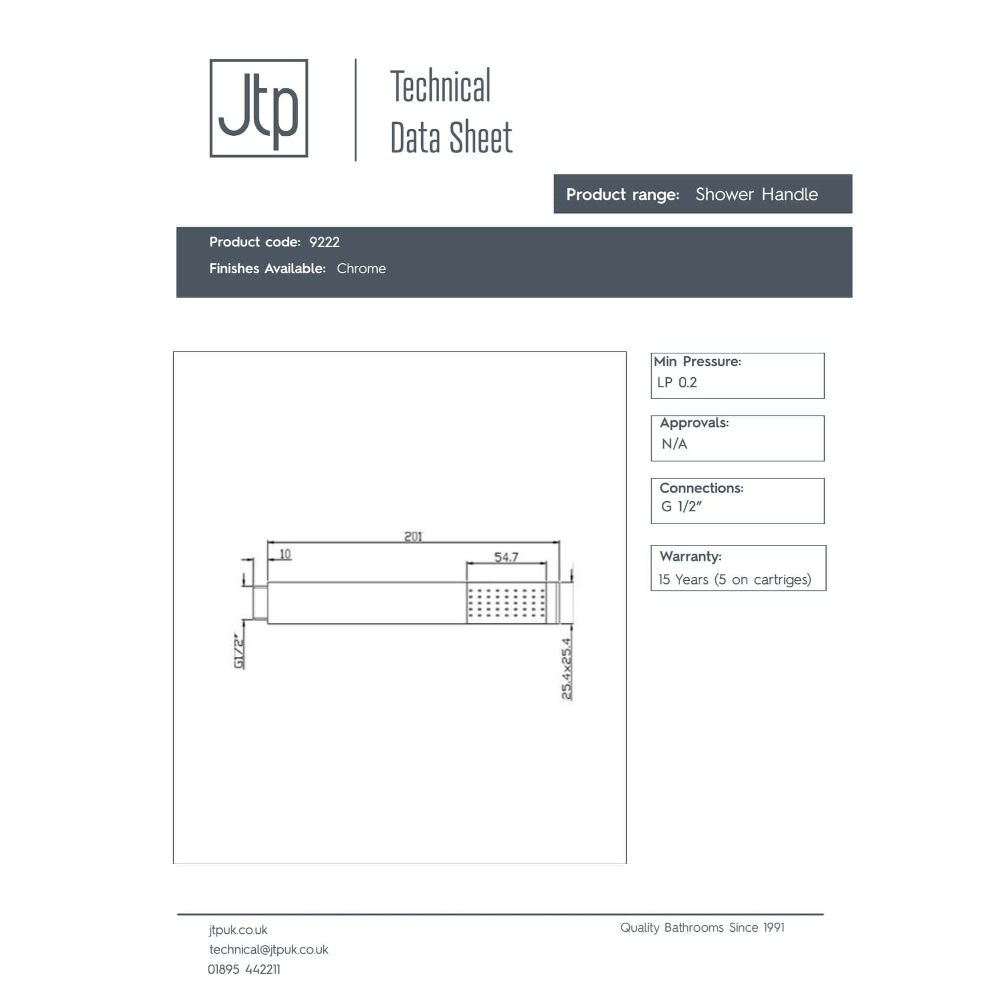 Shower handle with chrome finish, 54.7mm length and G 1/2" connection, ideal for modern bathroom upgrades.