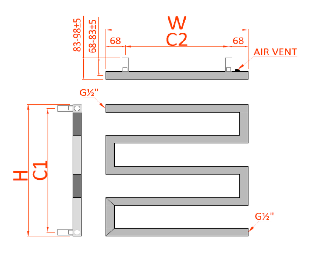 Reina Serpe Anthracite Heated Towel Rail - technical drawing with dimensions