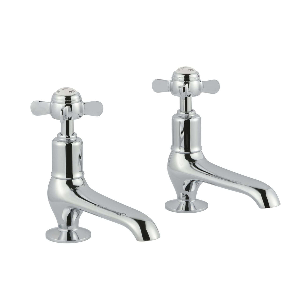 Chrome bathroom sink taps, traditional cross handle design, durable and stylish for classic bathroom decor. Ideal for modern or vintage bathroom updates.