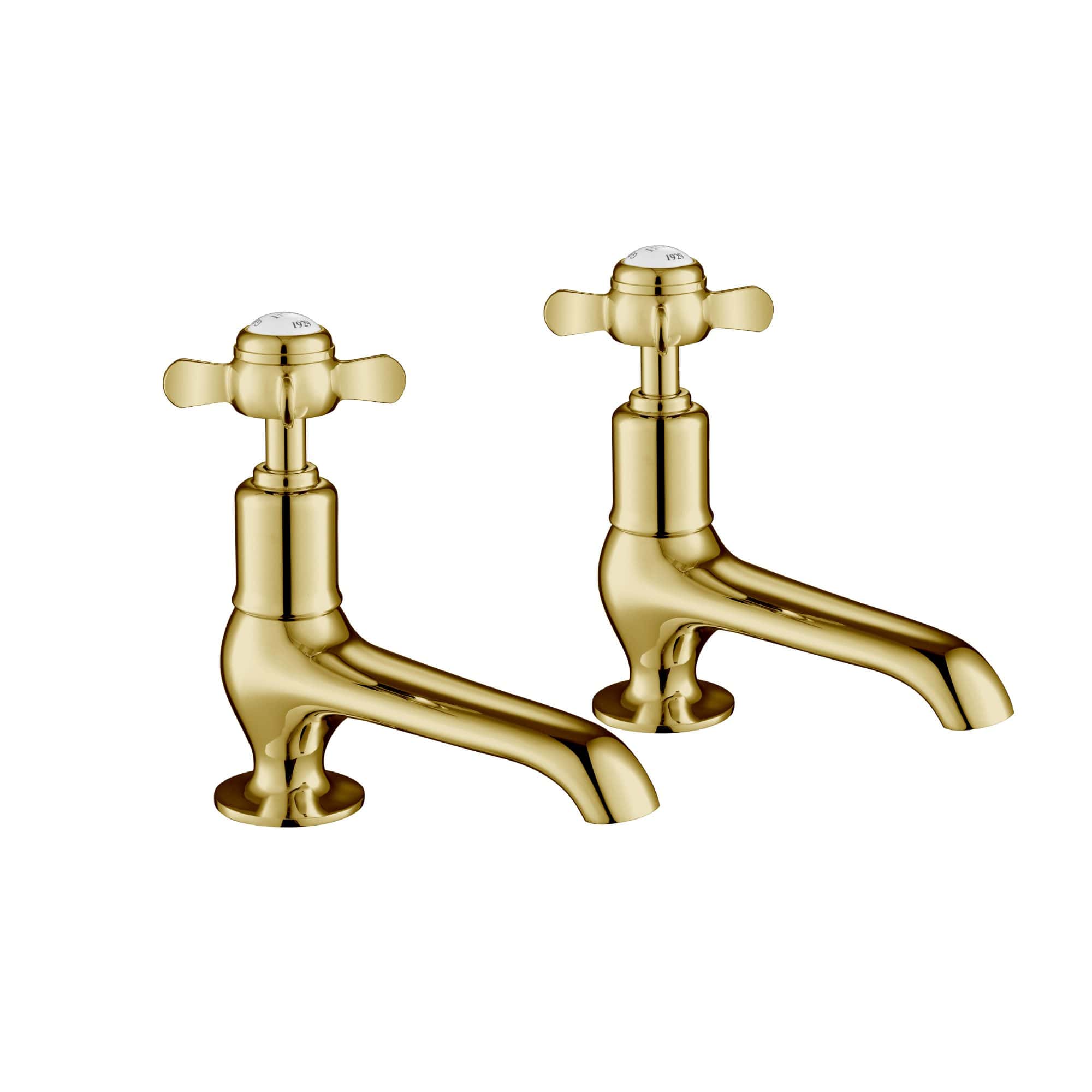 Polished gold bathroom taps, vintage-style traditional mixer fixtures, high-quality brass construction, elegant design for classic or modern bathroom interiors, durable and stylish.