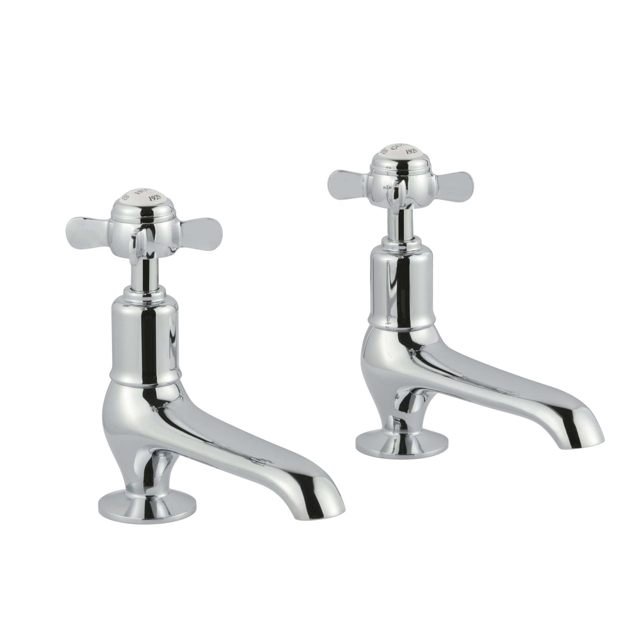 Chrome bathroom sink taps, traditional cross handle design, durable and stylish for classic bathroom decor. Ideal for modern or vintage bathroom updates.