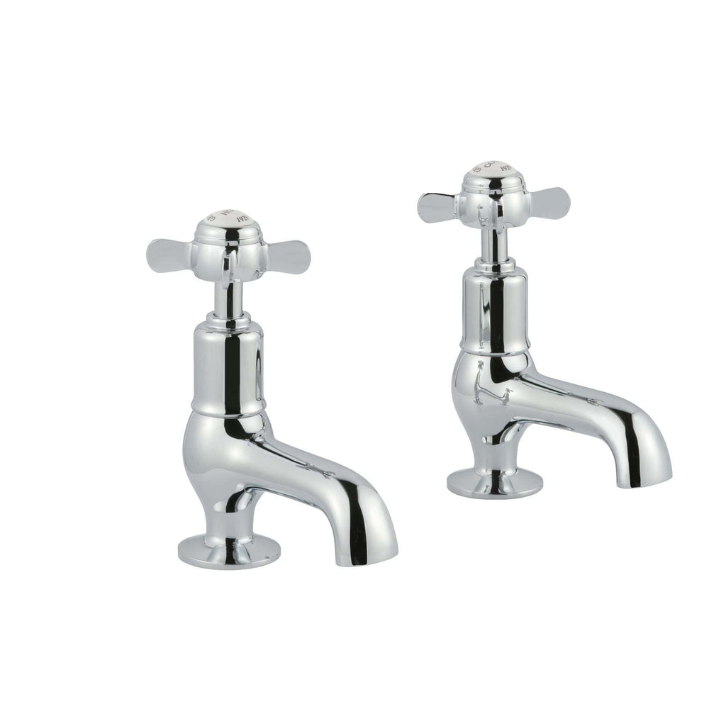 Chrome bathroom taps with cross handles, traditional hot and cold water tap set, elegant design for classic bathroom and kitchen renovations. Ideal for vintage style bathrooms and period properties.