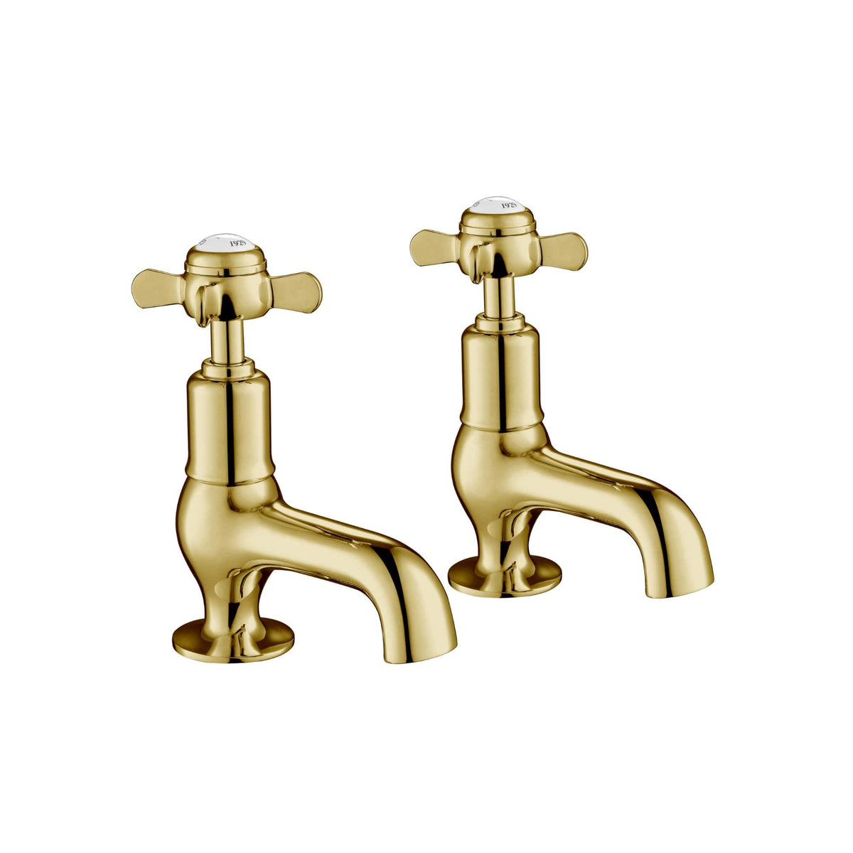 Polished gold bathroom taps, vintage-style hot and cold mixer taps for classic bathroom decor, high-quality brass construction, elegant design, reliable water flow control, suitable for traditional wash basins.