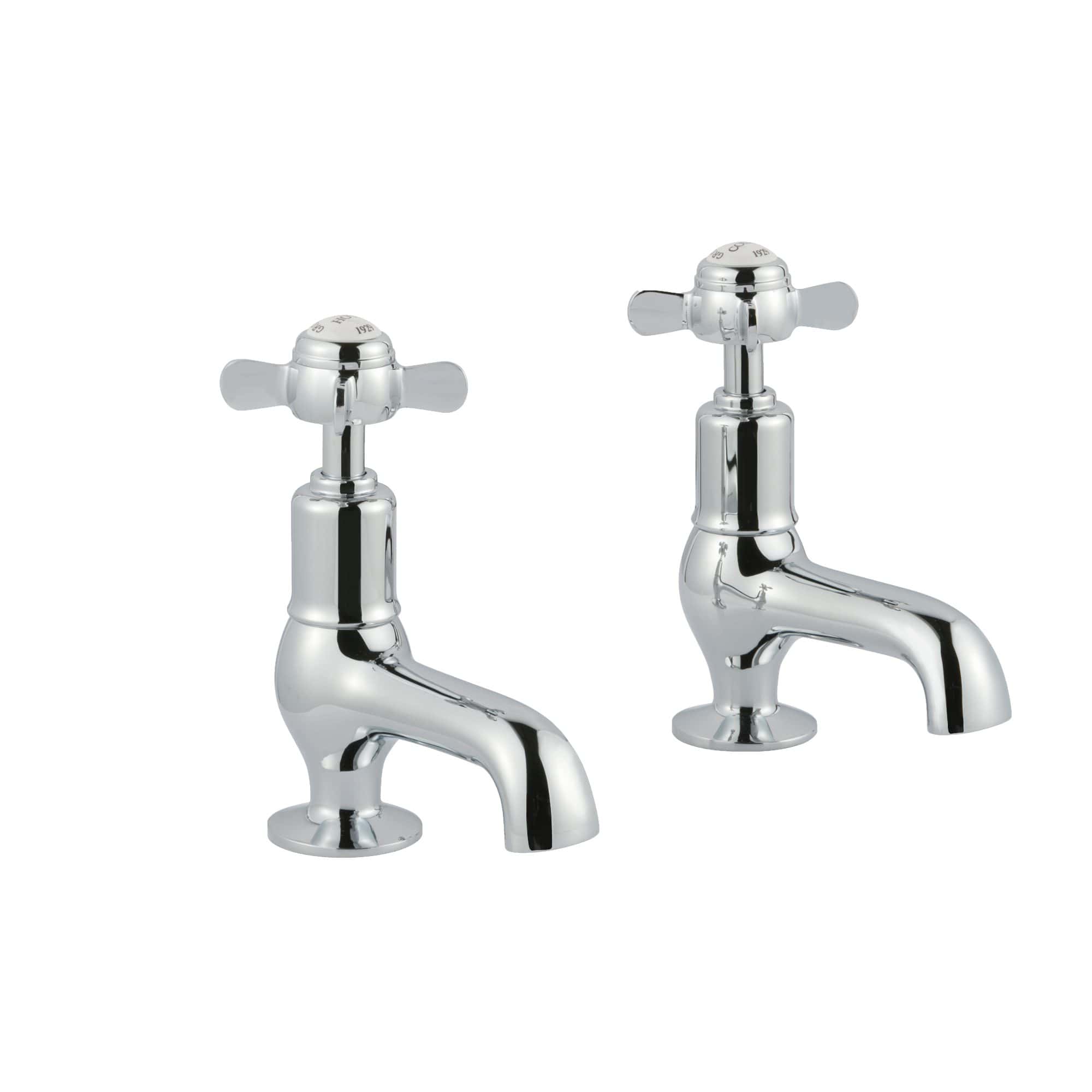 Chrome bathroom taps with cross handles, traditional hot and cold water tap set, elegant design for classic bathroom and kitchen renovations. Ideal for vintage style bathrooms and period properties.
