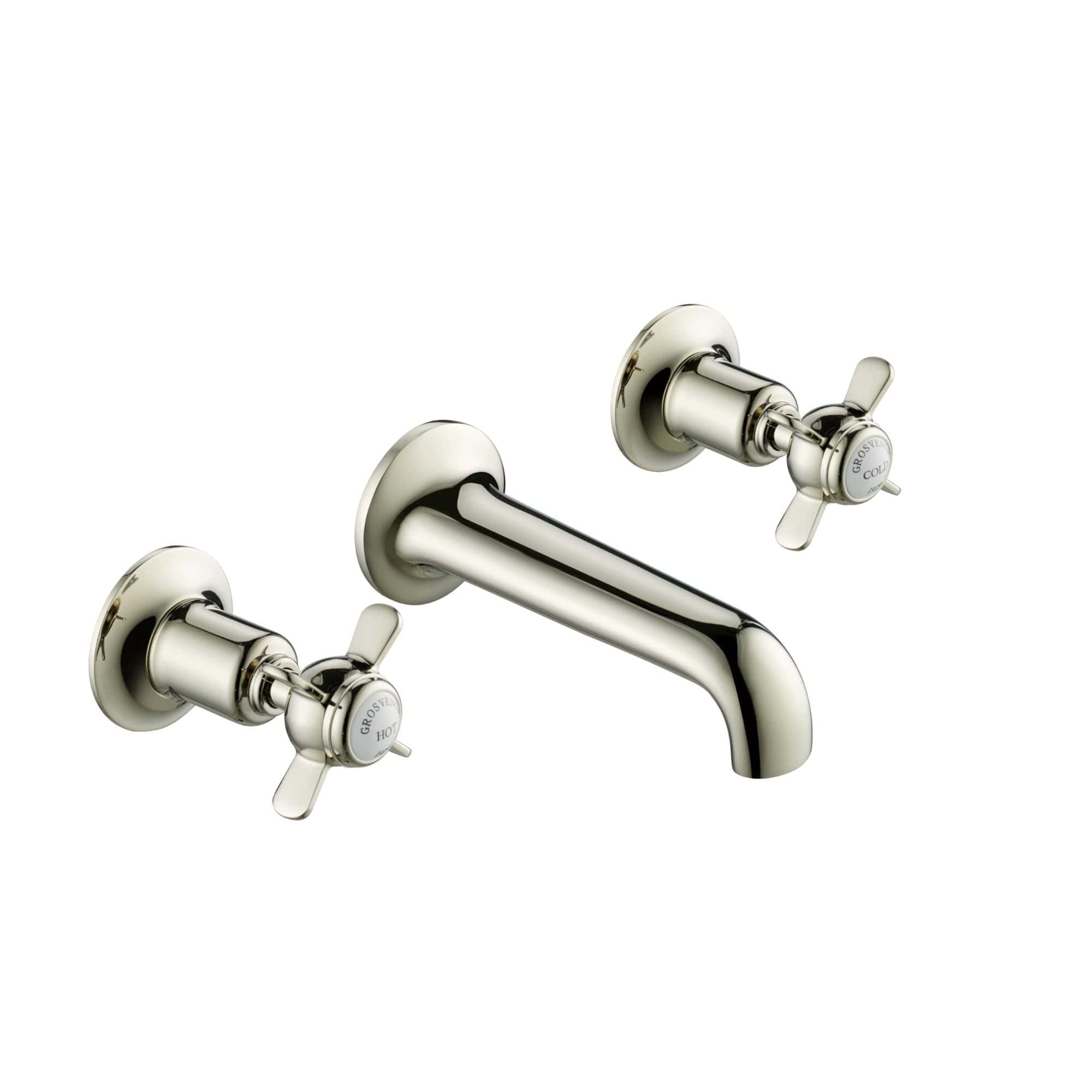 Stainless steel wall-mounted bathroom tap with hot and cold handles, modern design, suitable for traditional or contemporary bathrooms. Perfect for enhancing bathroom aesthetics with durable fixtures.