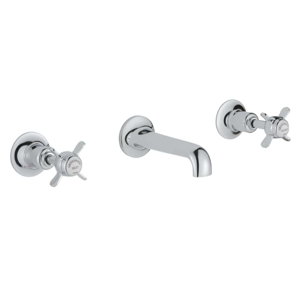 Brass bathroom sink tap set with cross handles and side-mounted control, chrome finish, stylish and durable, ideal for modern bathroom décor.