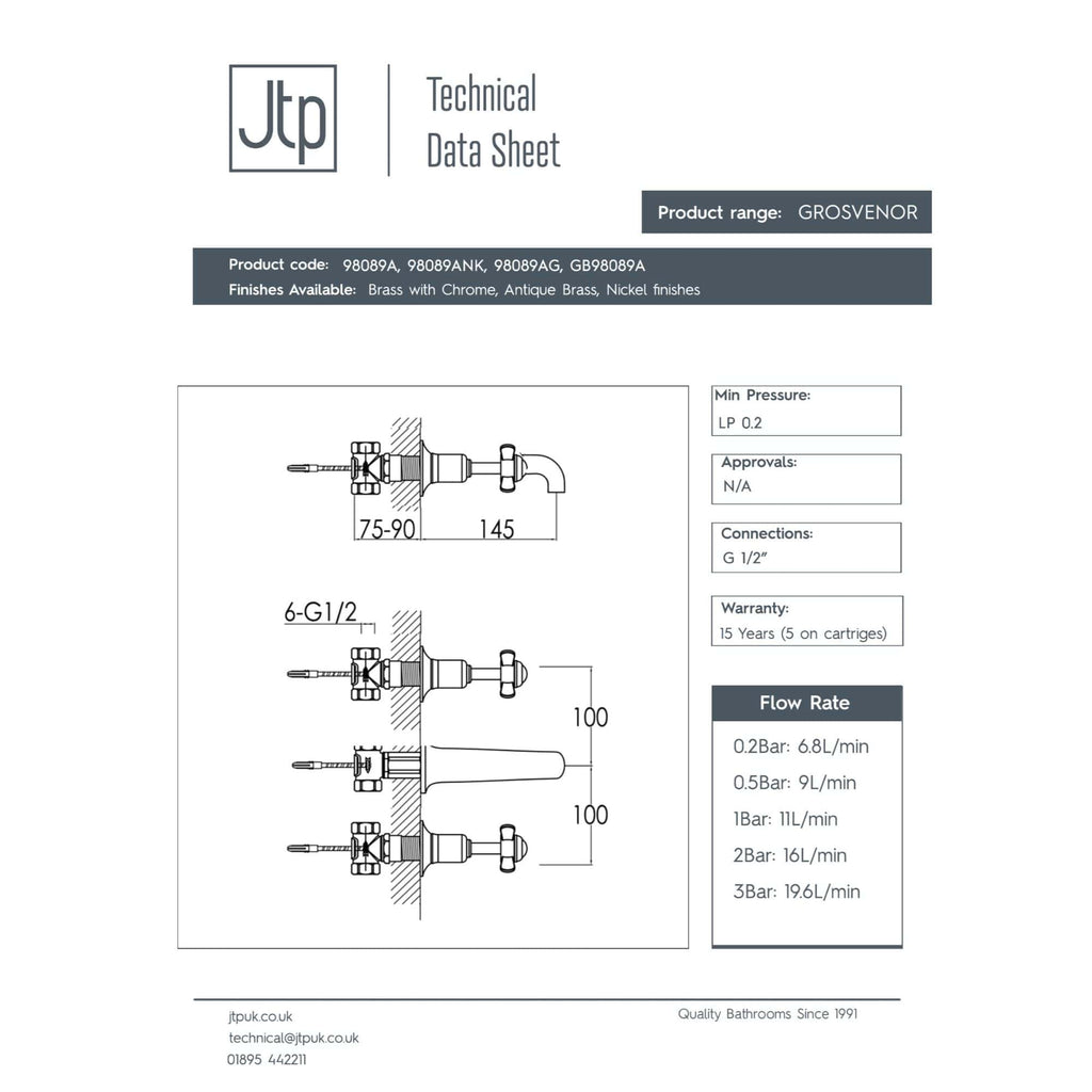 High-quality image of Bubly Bathrooms' GROSVENOR brass tap with technical specifications and installation diagram, showcasing premium bathroom fixtures.
