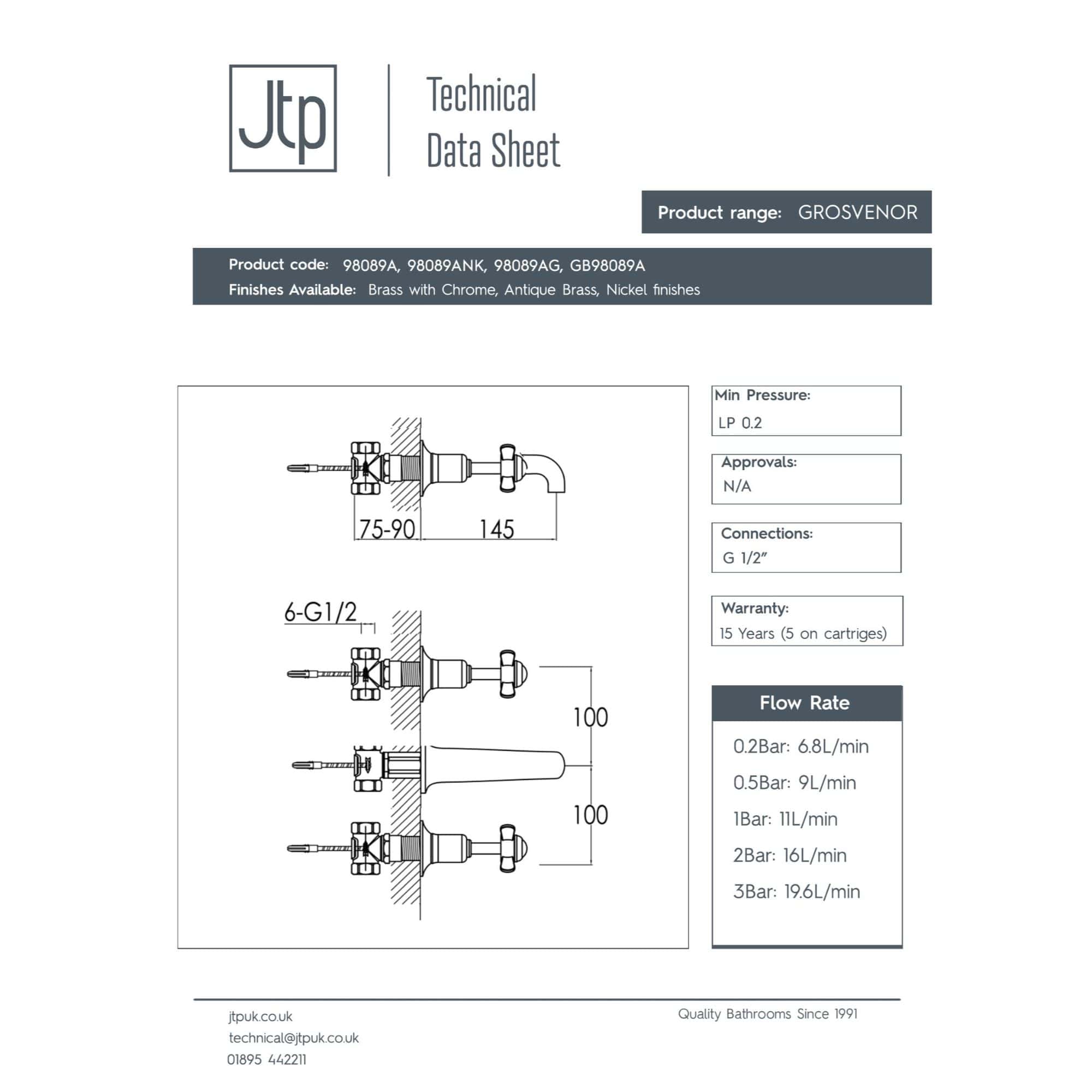 High-quality image of Bubly Bathrooms' GROSVENOR brass tap with technical specifications and installation diagram, showcasing premium bathroom fixtures.