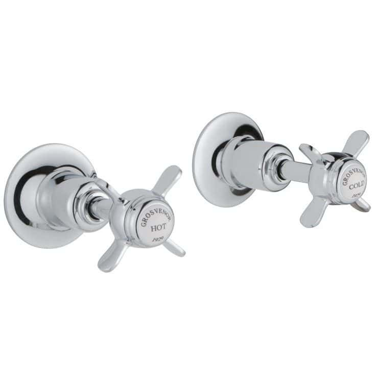 Chrome bathroom hot and cold tap set with cross handles, ideal for traditional bathroom renovations and plumbing fixtures.