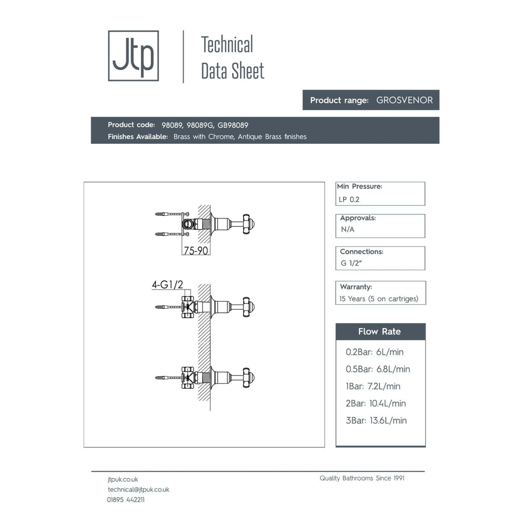 GROSVENOR brass bathroom tap with chrome finish, technical drawing showing installation details and water flow rates. Ideal for high-quality bathrooms and plumbing projects.