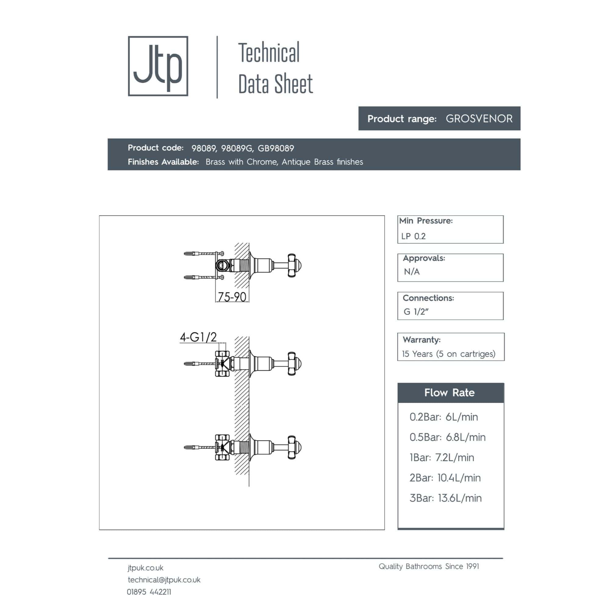 GROSVENOR brass bathroom tap with chrome finish, technical drawing showing installation details and water flow rates. Ideal for high-quality bathrooms and plumbing projects.