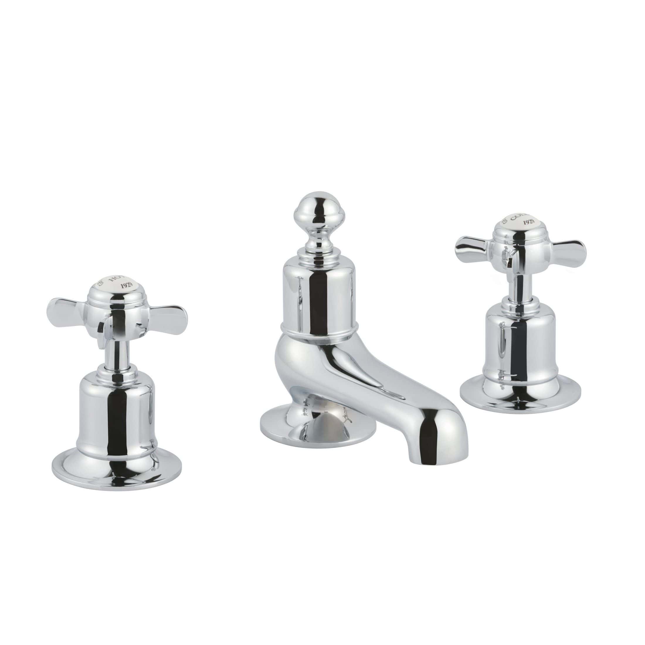Polished chrome bathroom tap set with traditional cross handles, including mixer and separate hot and cold water controls, ideal for vintage or classic style bathrooms.