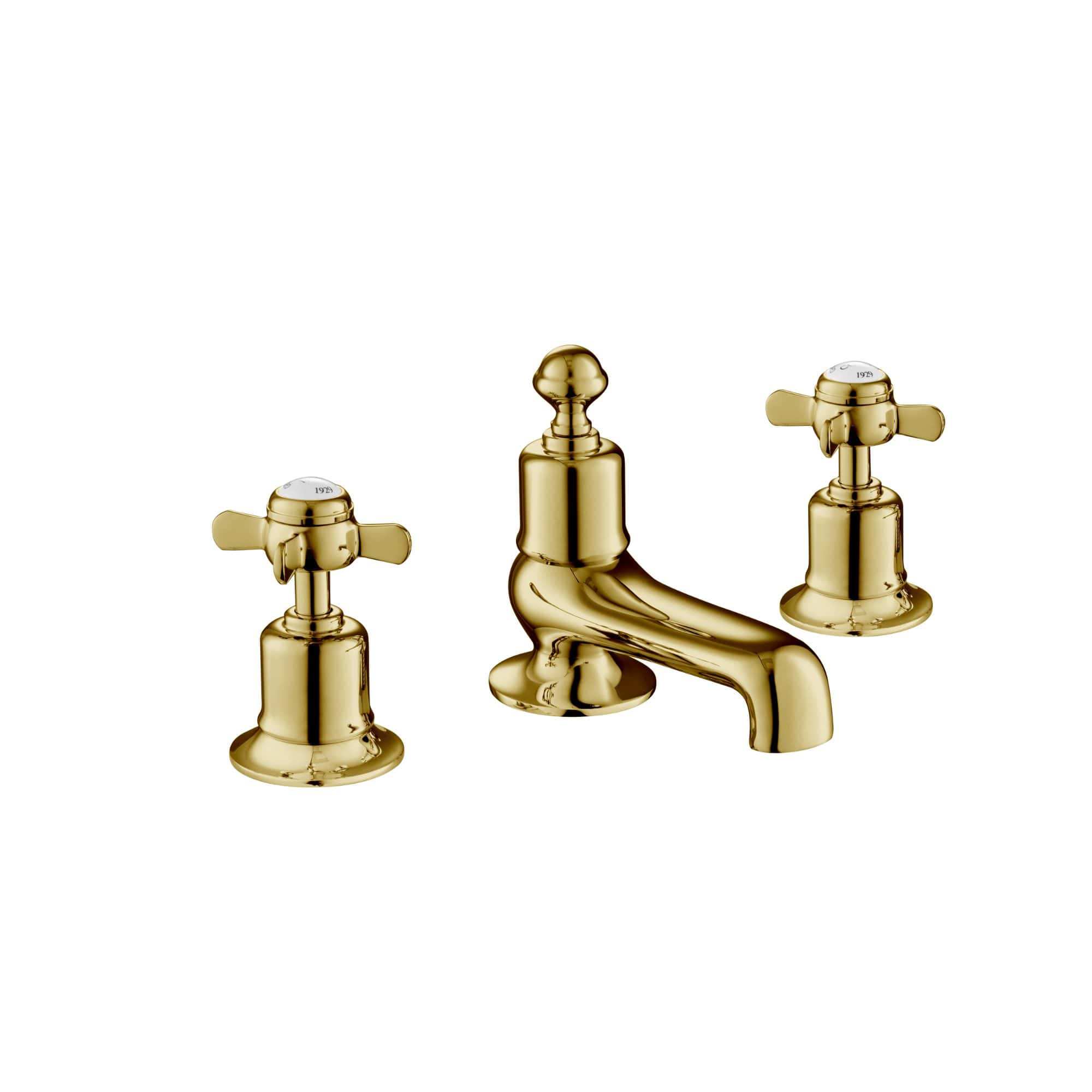Elegant gold bathroom taps with twin handles and a classic spout, ideal for luxurious bathroom sinks, offering a sophisticated touch to your bathroom decor.