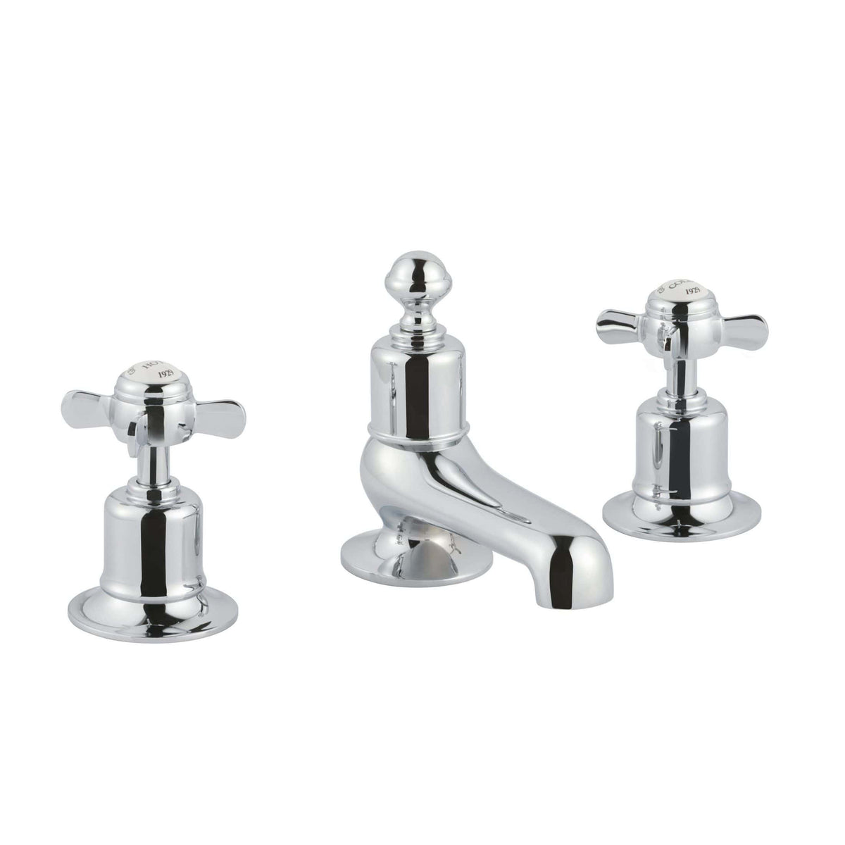 Polished chrome bathroom tap set with traditional cross handles, including mixer and separate hot and cold water controls, ideal for vintage or classic style bathrooms.